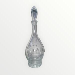 Hand Blown Etched Wine Decanter W/Stopper Made In Romania